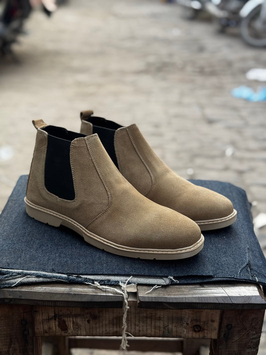 8017-Cream Suede Chelsea Boots - DeVogue
