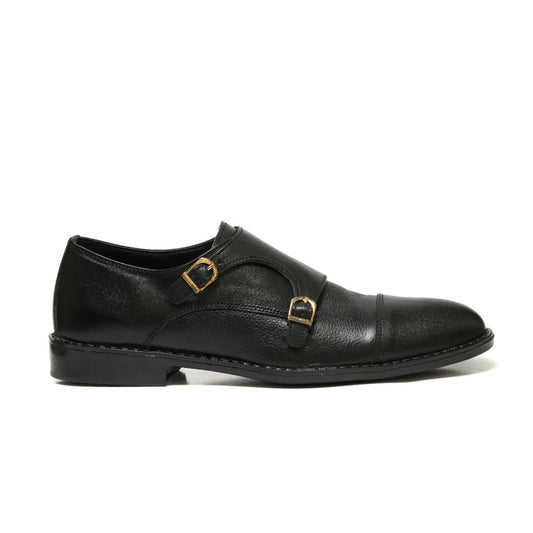 SKU:2011-Black Rubber Sole Cow Leather Formal Double Monk Style - DeVogue