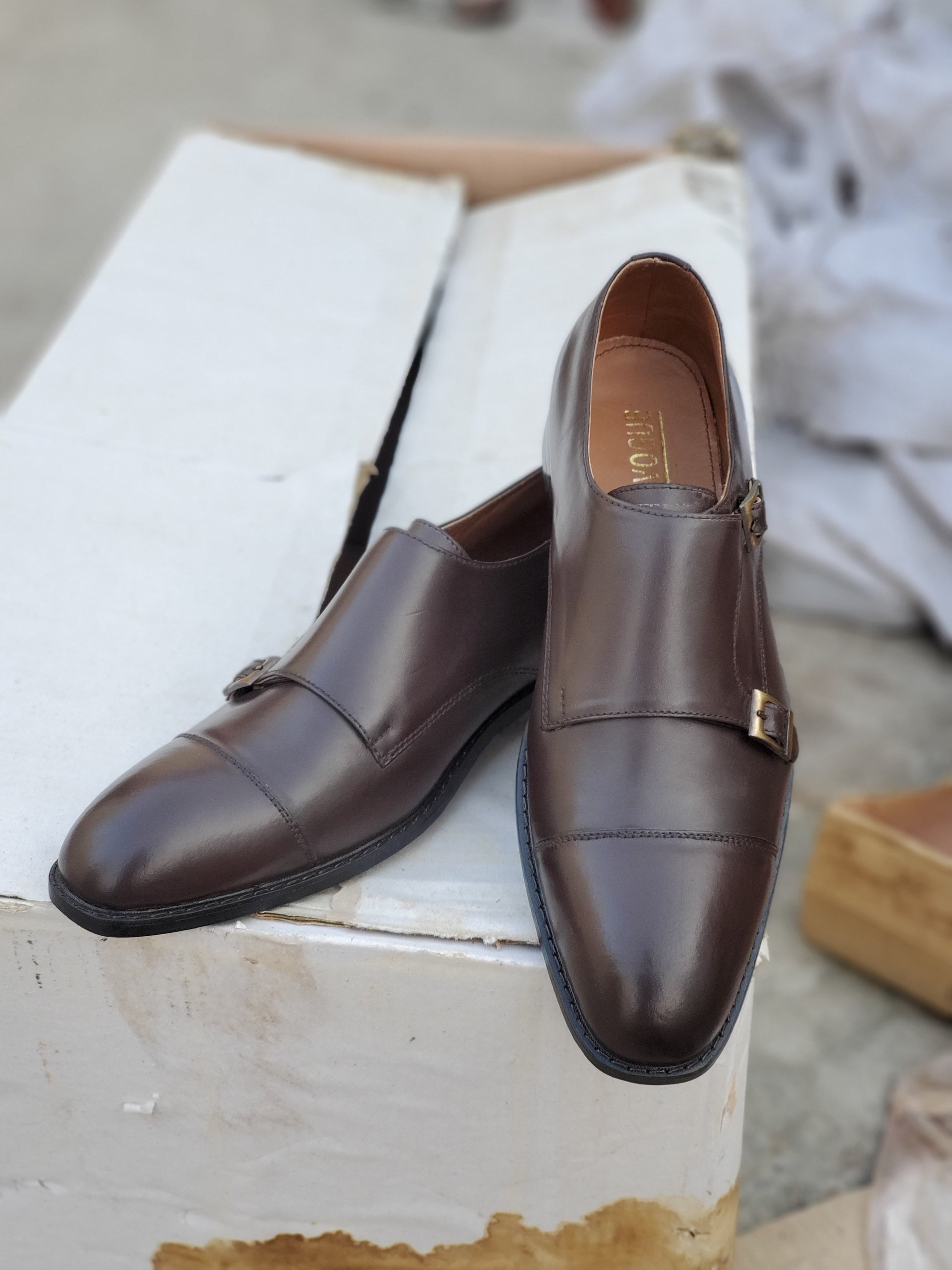 SKU:2011-Tan Cow Leather Formal Double Monk Style - DeVogue