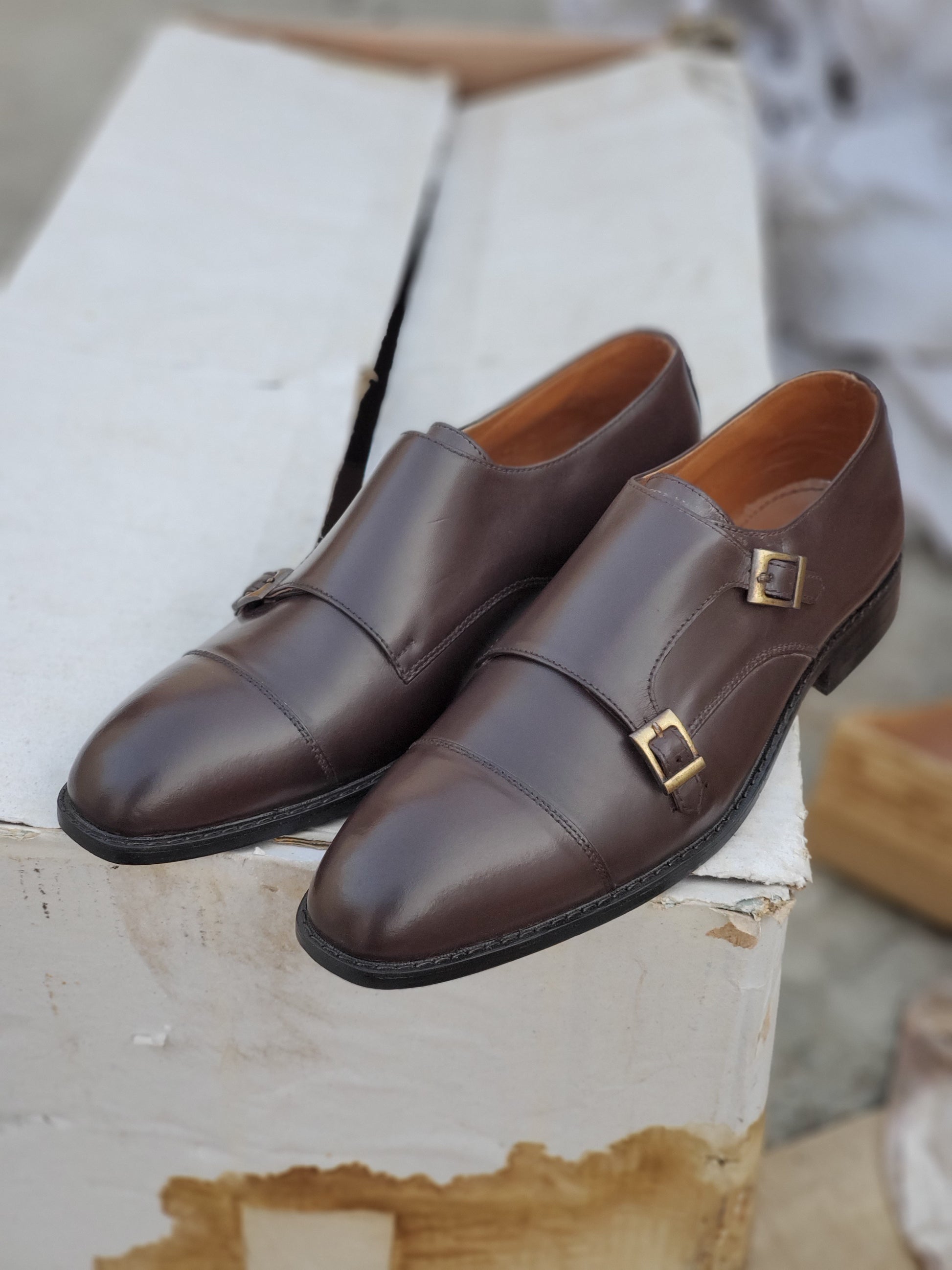 SKU:2011-Tan Cow Leather Formal Double Monk Style - DeVogue