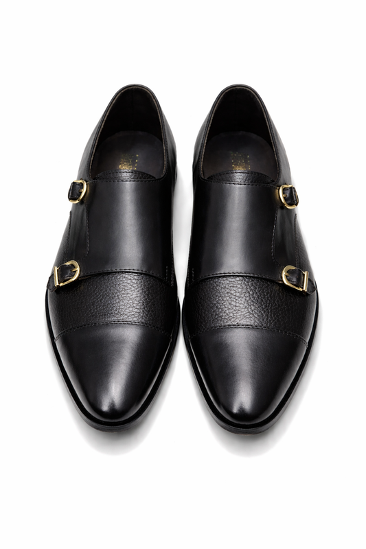 2011-Mild Black Cow Leather Formal Double Monk Style - DeVogue