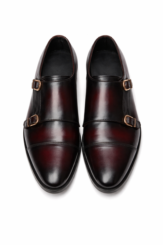2011-Patina Blood colour Cow Leather Formal Double Monk Style - DeVogue