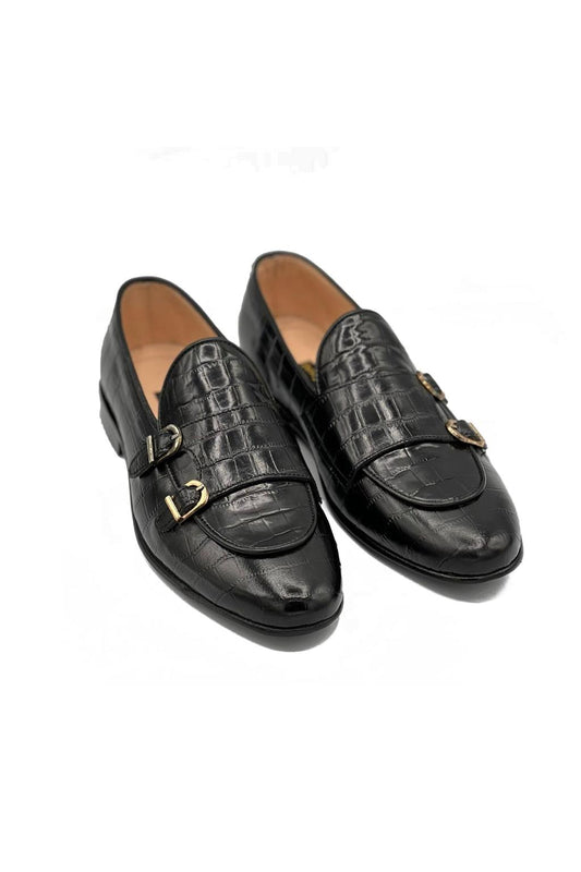2010-Crocblk Cow Leather Casual Double Monk Style
