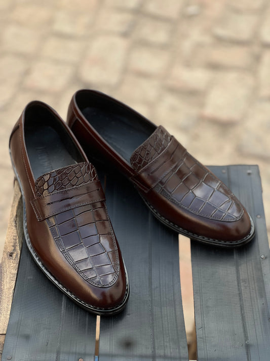 ST-06-Brown Crocodile print Leather Horse bit Formal Loafer Style In Rubber sole