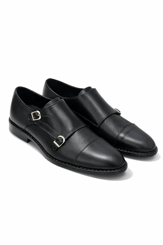 SKU:2011-Black Rubber Sole Cow Leather Formal Double Monk Style - DeVogue
