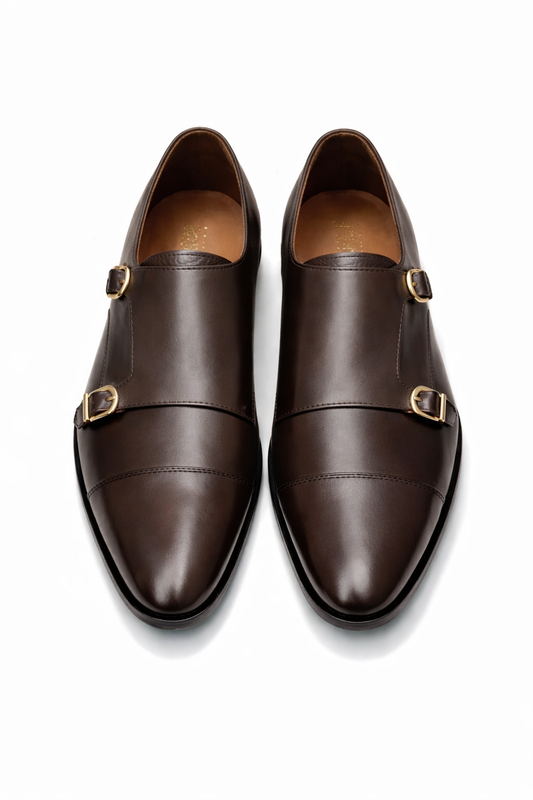 SKU:2011-Tan Cow Leather Formal Double Monk Style - DeVogue