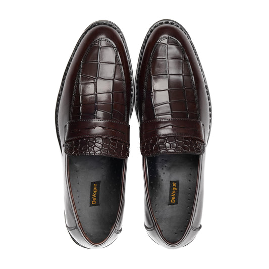 ST-06-Brown Crocodile print Leather Horse bit Formal Loafer Style In Rubber sole - DeVogue