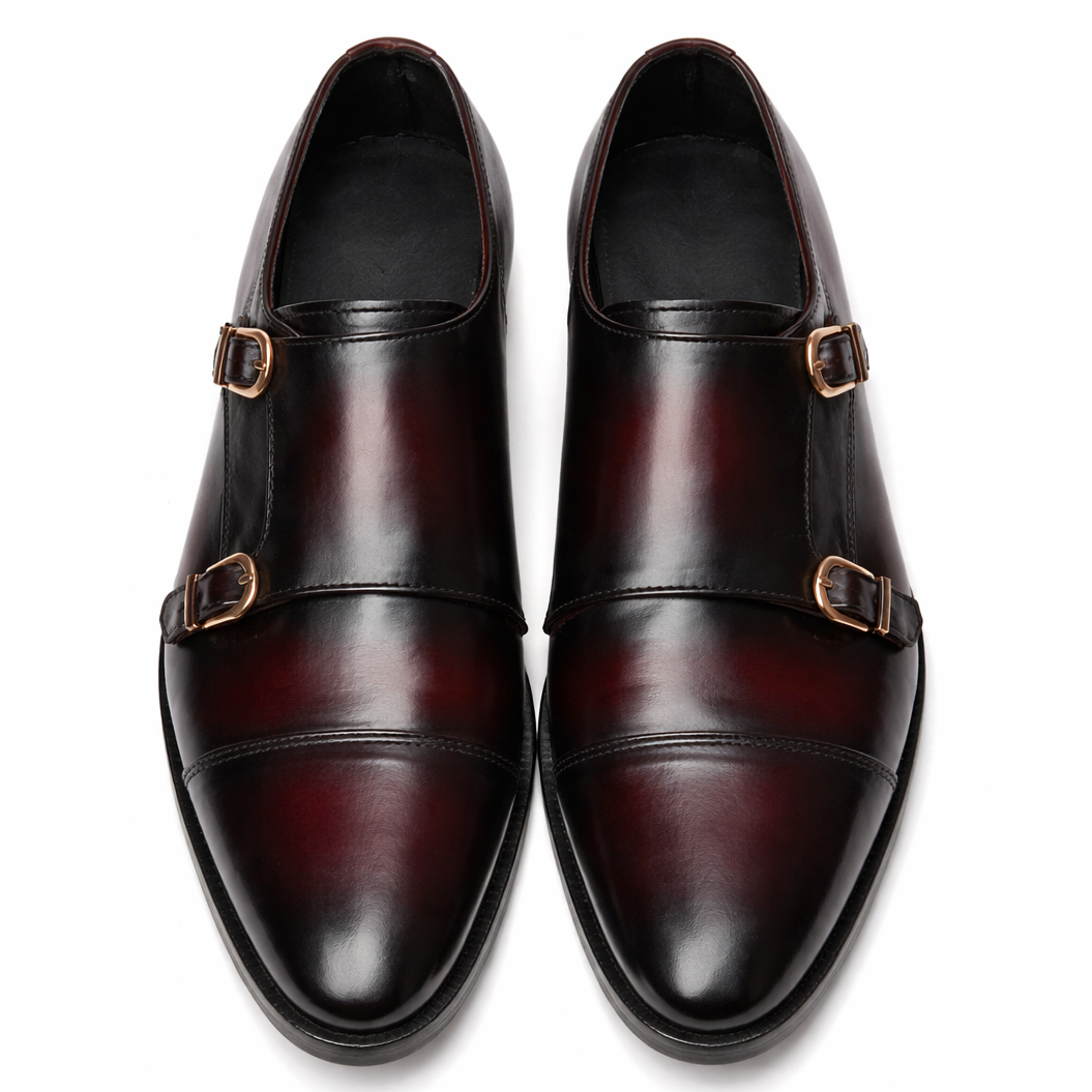 2011-Patina Blood colour Cow Leather Formal Double Monk Style