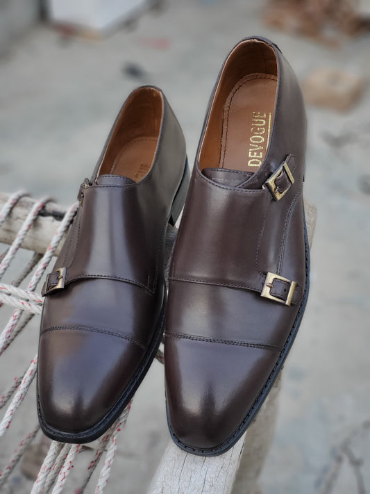 SKU:2011-Tan Cow Leather Formal Double Monk Style - DeVogue