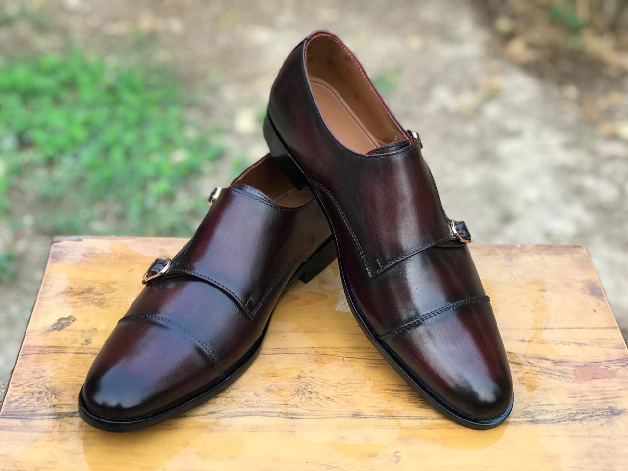 2011-Patina Blood colour Cow Leather Formal Double Monk Style - Devogue store