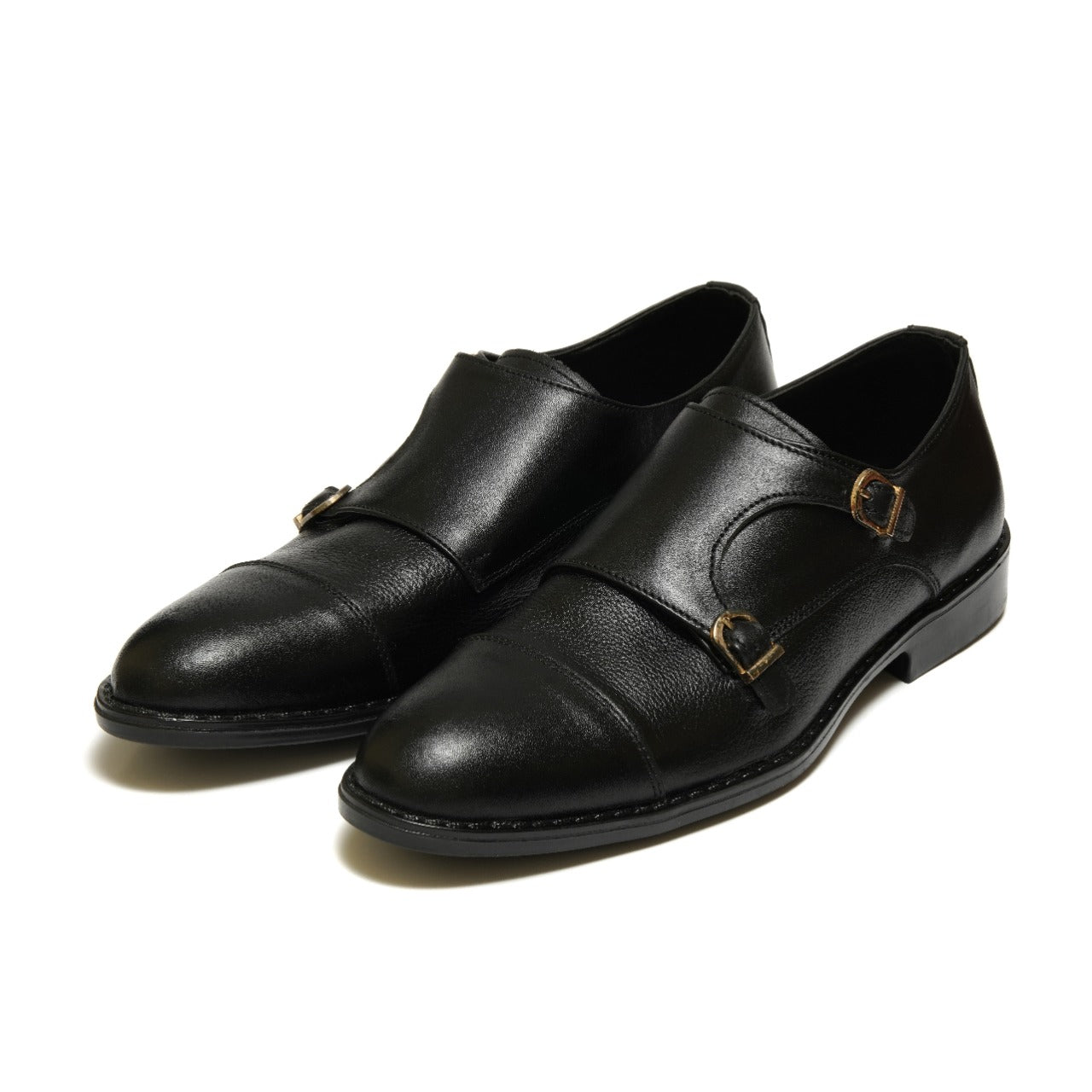 SKU:2011-Black Rubber Sole Cow Leather Formal Double Monk Style - DeVogue
