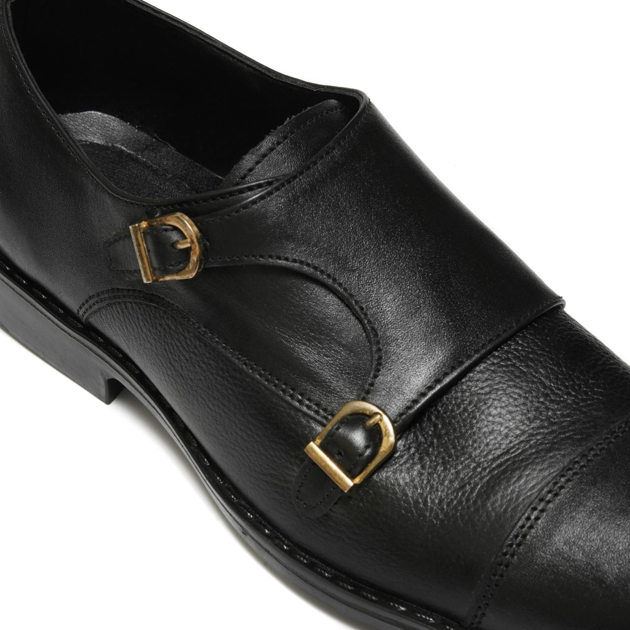 SKU:2011-Black Rubber Sole Cow Leather Formal Double Monk Style - DeVogue