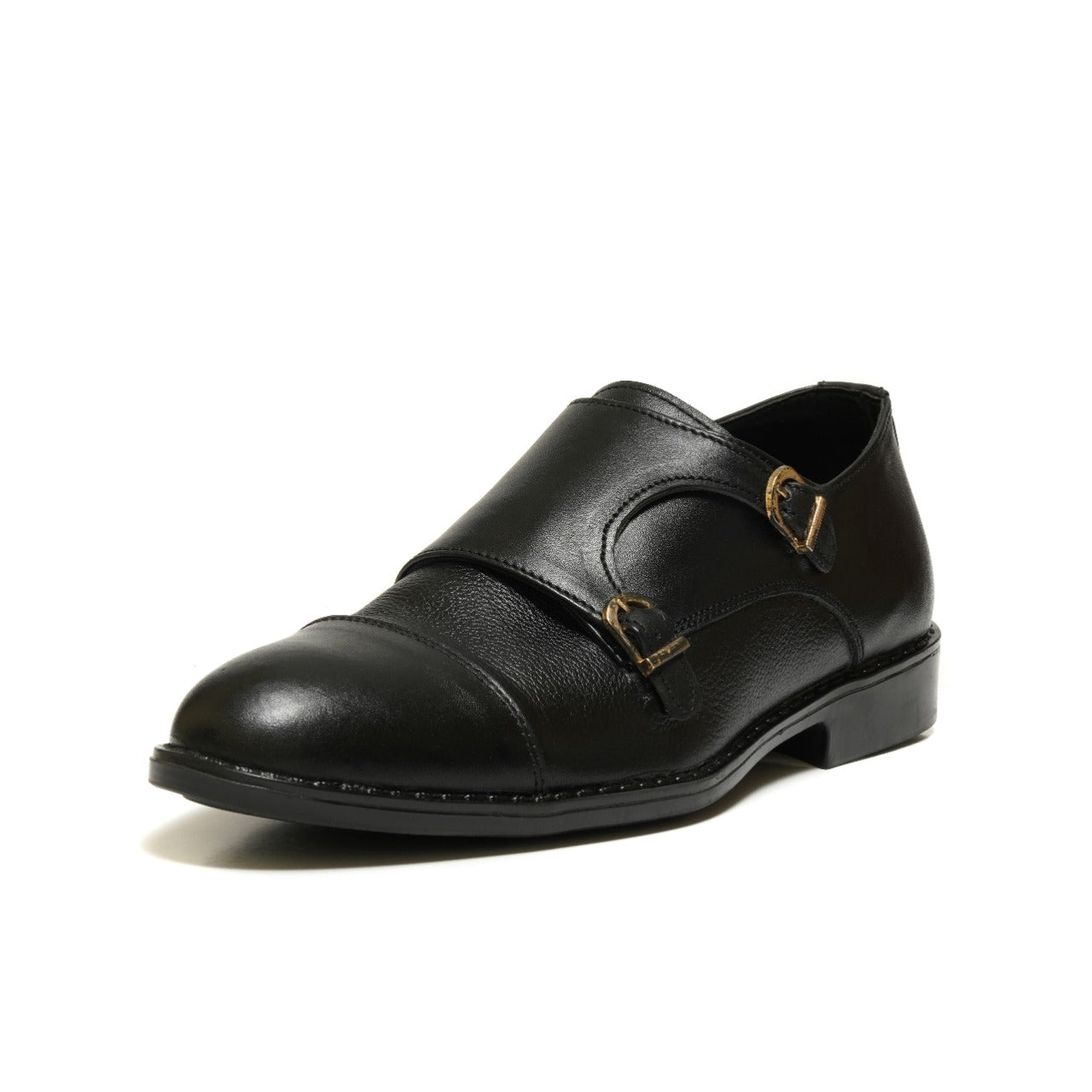 SKU:2011-Black Rubber Sole Cow Leather Formal Double Monk Style - DeVogue
