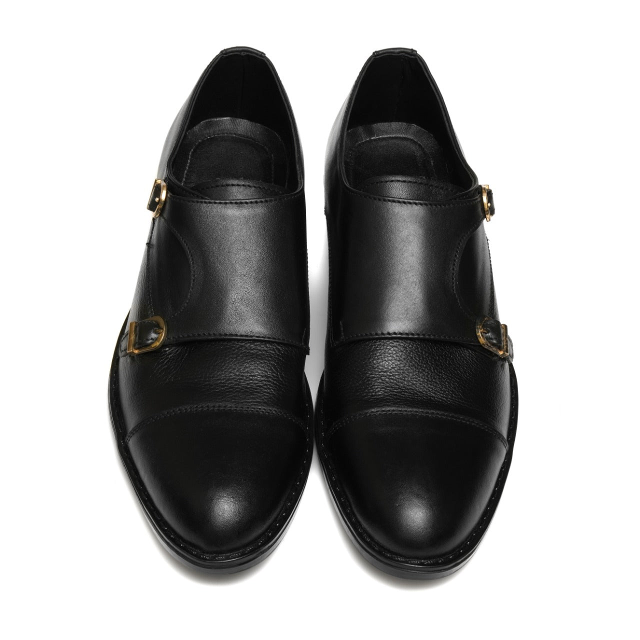 SKU:2011-Black Rubber Sole Cow Leather Formal Double Monk Style - DeVogue
