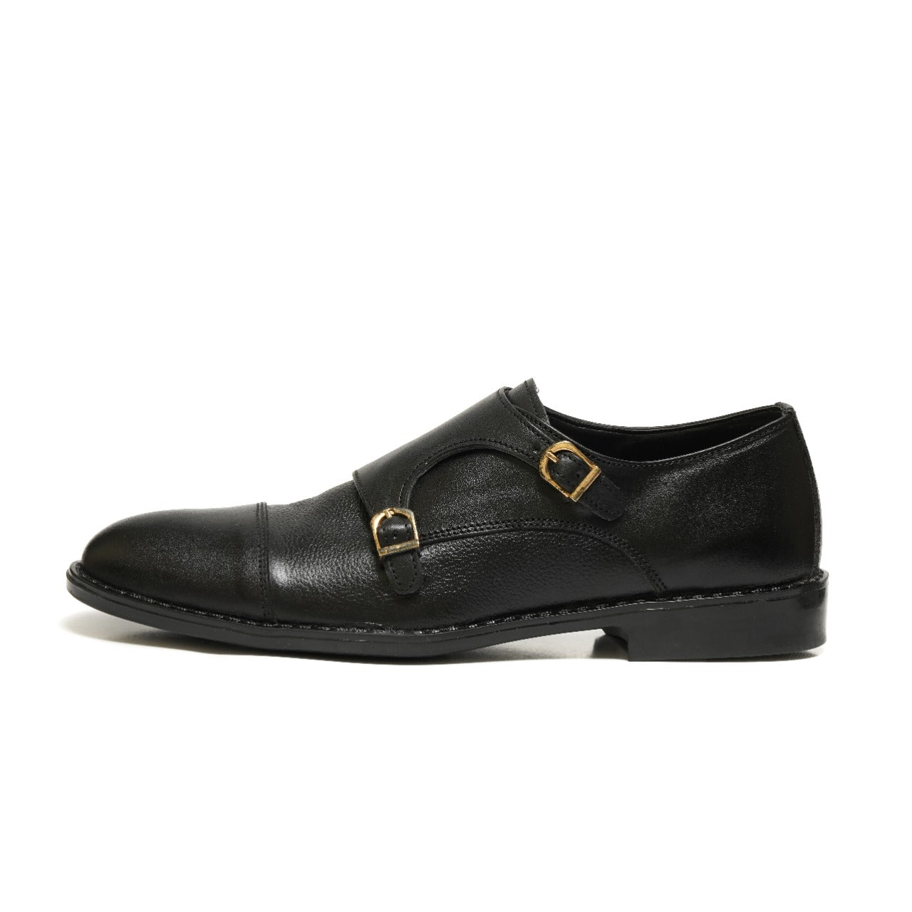SKU:2011-Black Rubber Sole Cow Leather Formal Double Monk Style - DeVogue